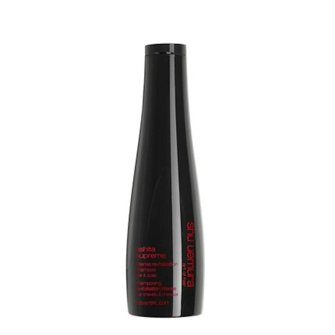 Shu Uemura Ashita Supreme Shampoo in 300ml bottle, clear liquid shampoo with sleek packaging, designed for nourishing hair.
