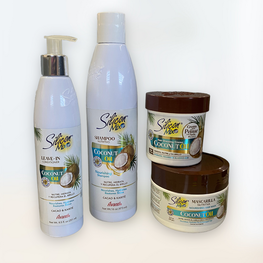 Silicon Mix Coconut Oil Shampoo by Pasteur Pharmacy, 16 oz bottle showing the shampoo pour and label with coconut imagery.
