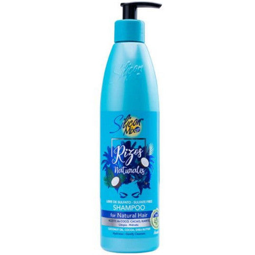 Silicon Mix Rizos Naturales Shampoo by Pasteur Pharmacy, 16 oz bottle, featuring a clear shampoo with a white cap.