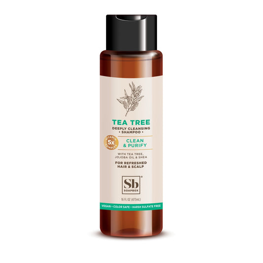 Soapbox Clean & Purify Tea Tree Shampoo by Pasteur Pharmacy, 16 fl oz bottle with tea tree oil for scalp cleansing and freshness.
