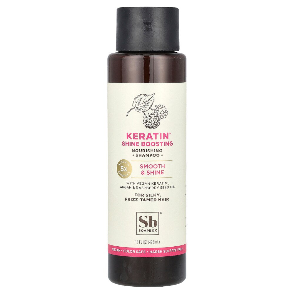 Soapbox Nourishing Shampoo by Pasteur Pharmacy with keratin for shiny, frizz-tamed, silky hair in a 16 fl oz bottle.