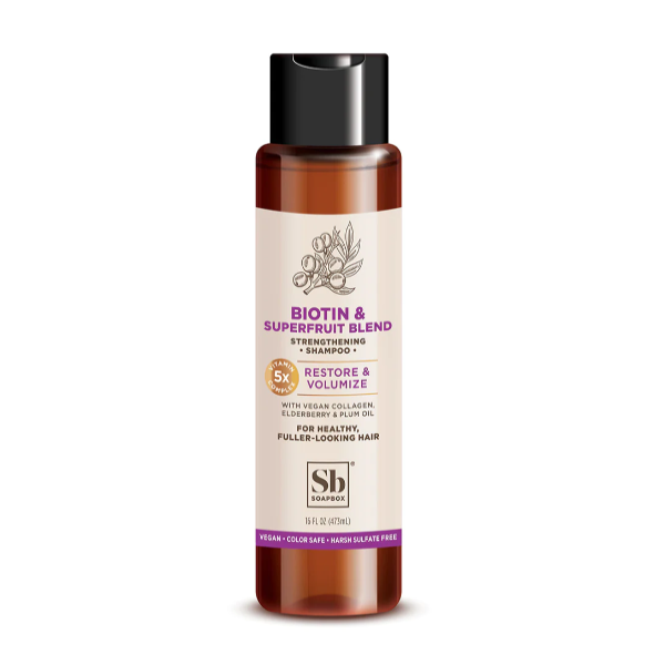 Pasteur Pharmacy Soapbox Shampoo with biotin and superfruit blend, restoring and volumizing 16 oz bottle.