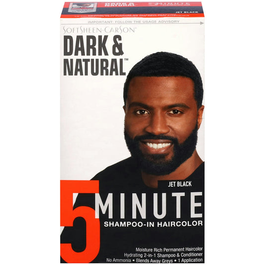 SoftSheen-CarSon Dark And Natural Men’s 5 Minute Hair Color Shampoo in Jet Black, showing the product bottle with branding and label.