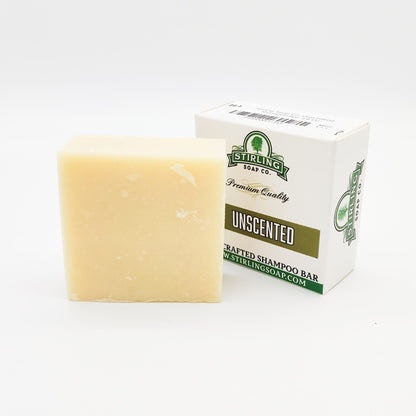 Unscented Stirling Soap Co. shampoo bar in a 3.8 oz package, natural hair care product with a simple, clean design.