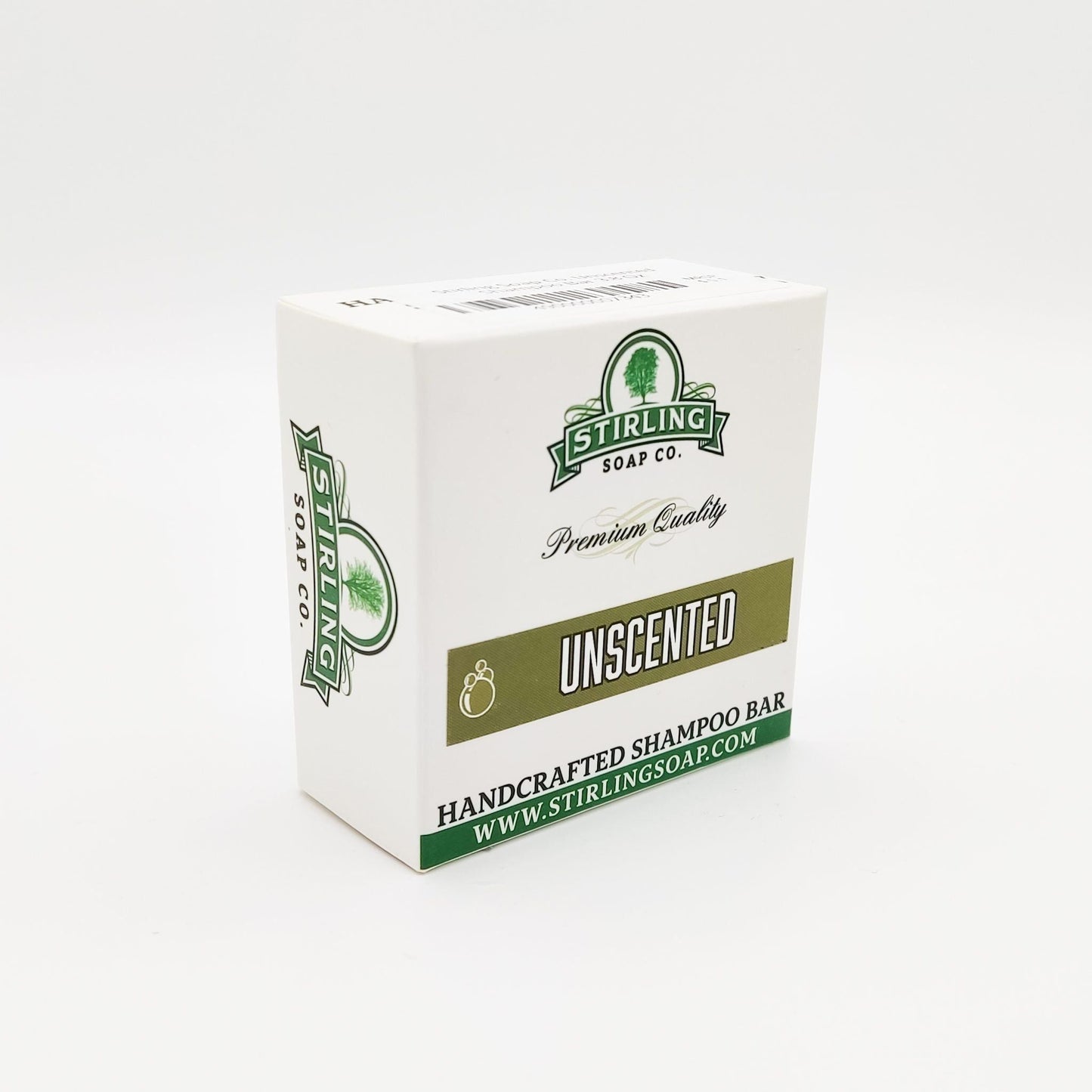 Unscented Stirling Soap Co. shampoo bar by Pasteur Pharmacy, 3.8 oz, shown with its natural soap form and packaging.