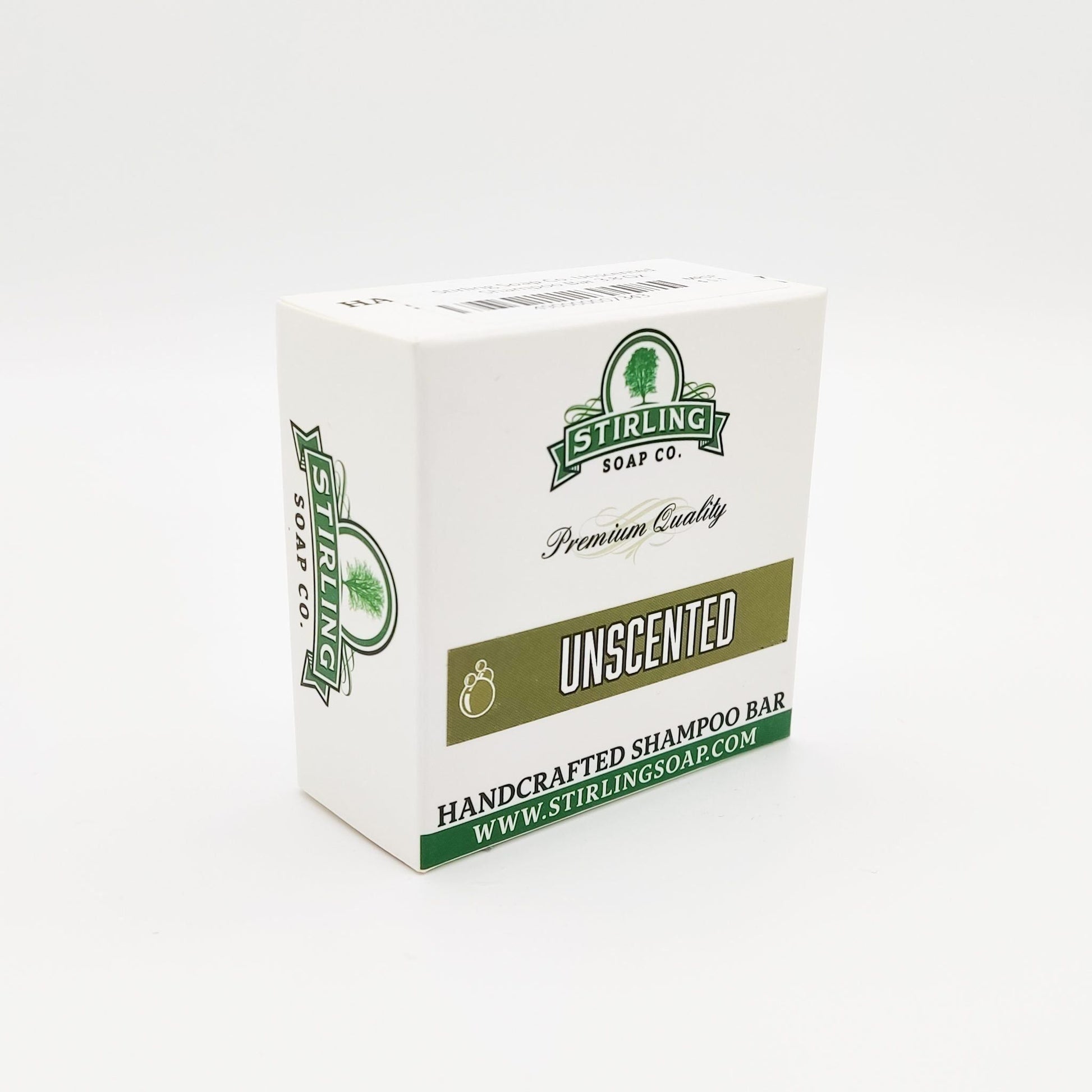 Unscented Stirling Soap Co. shampoo bar by Pasteur Pharmacy, 3.8 oz, shown with its natural soap form and packaging.