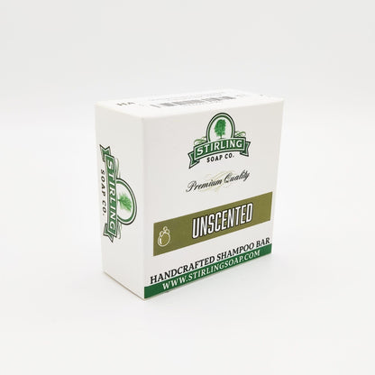 Unscented Stirling Soap Co. shampoo bar by Pasteur Pharmacy, 3.8 oz, shown with its natural soap form and packaging.