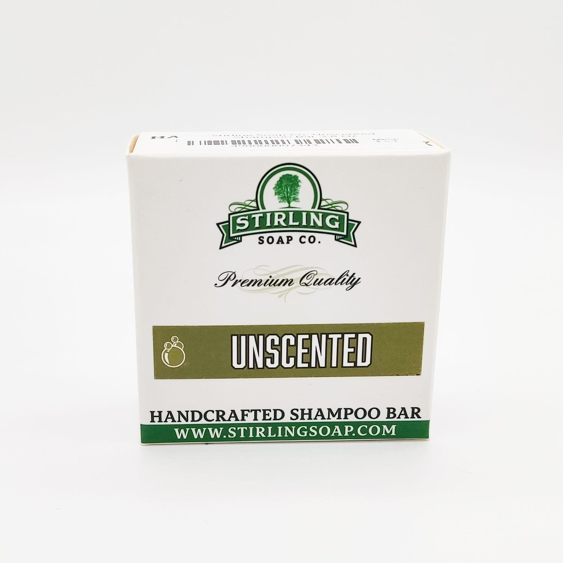 Unscented Stirling Soap Co. shampoo bar by Pasteur Pharmacy, 3.8 oz, showing the natural soap bar with packaging.
