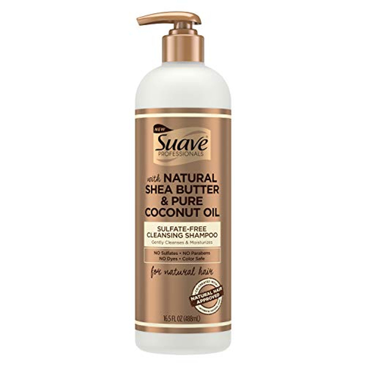 Suave Professionals sulfate-free shampoo for natural hair with shea butter and coconut oil, 16.5 oz bottle.