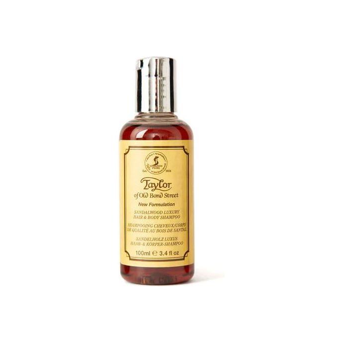 Taylor of Old Bond Street Sandalwood luxury shampoo bottle for hair and body, 100 ml, with elegant packaging and sandalwood scent.