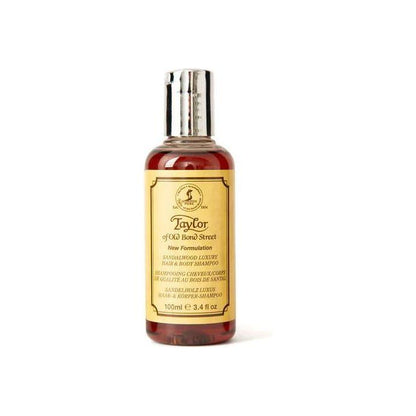 Taylor of Old Bond Street Sandalwood luxury shampoo bottle for hair and body, 100 ml, with elegant packaging and sandalwood scent.