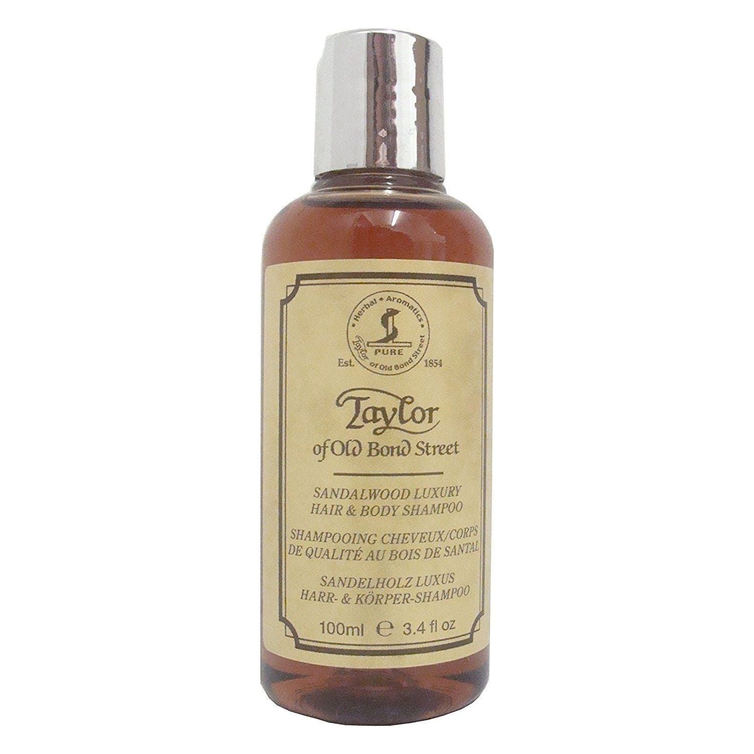 Taylor of Old Bond Street Sandalwood luxury shampoo bottle for hair and body, 100 ml, with a sleek design and label.