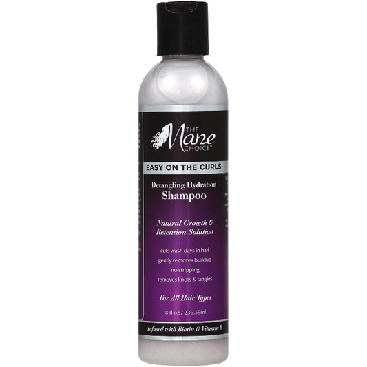 The Mane Choice Easy On The Curls Detangling Hydration Shampoo 8 Oz in a clear bottle with a pump dispenser.
