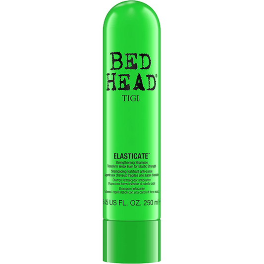 Tigi Bed Head Elasticate Strengthening Shampoo in 8.45 fl oz bottle, designed to strengthen and add elasticity to hair.