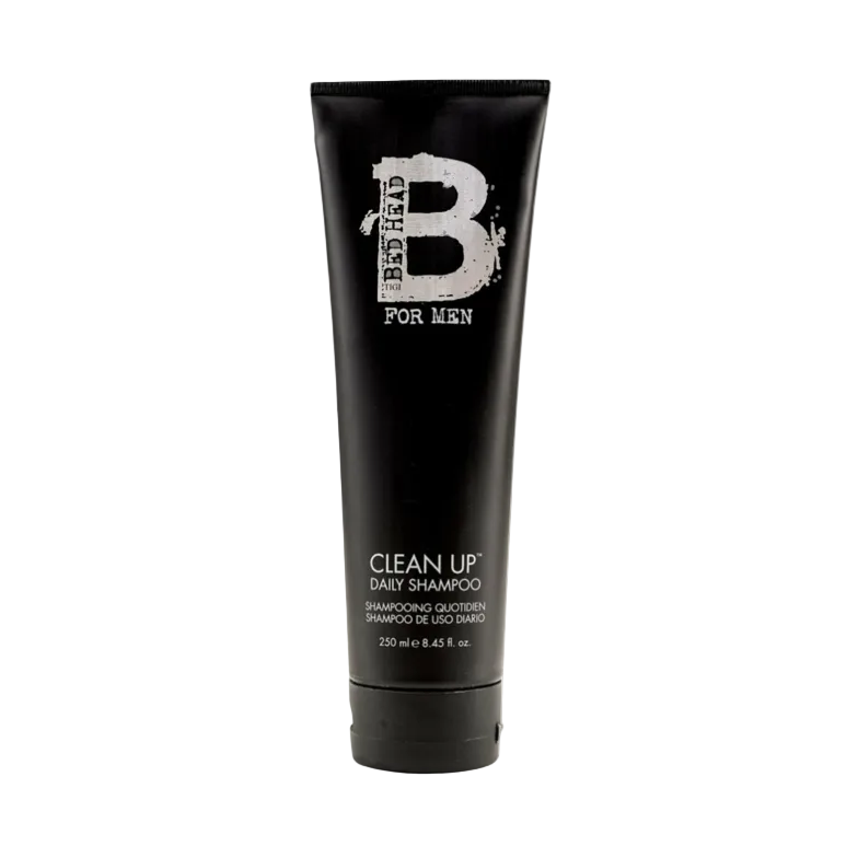 Tigi Bed Head for Men Clean Up Shampoo 8.45oz in a clear bottle with a black cap, designed for men's hair care.