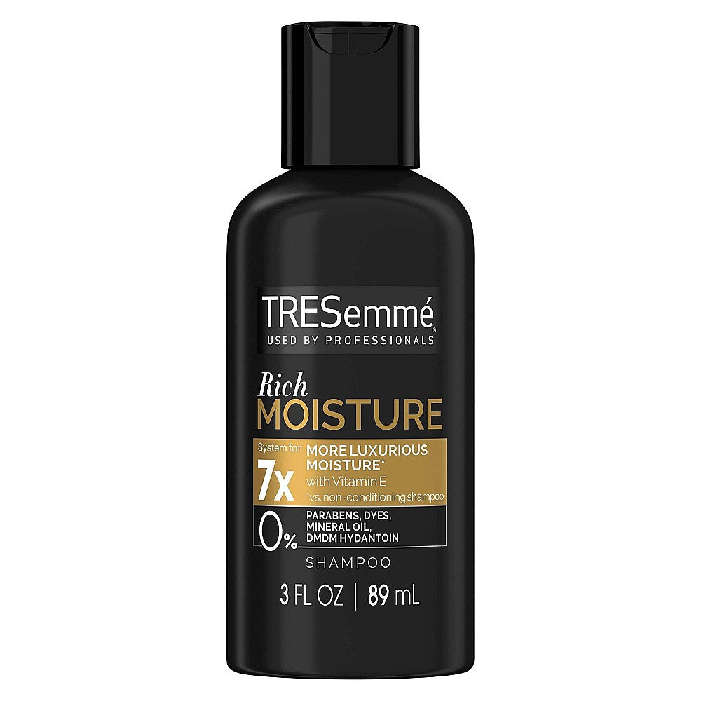 TRESemme Moisture Rich Shampoo in 3 oz bottle, designed for dry or damaged hair, providing luxurious moisture and nourishment.