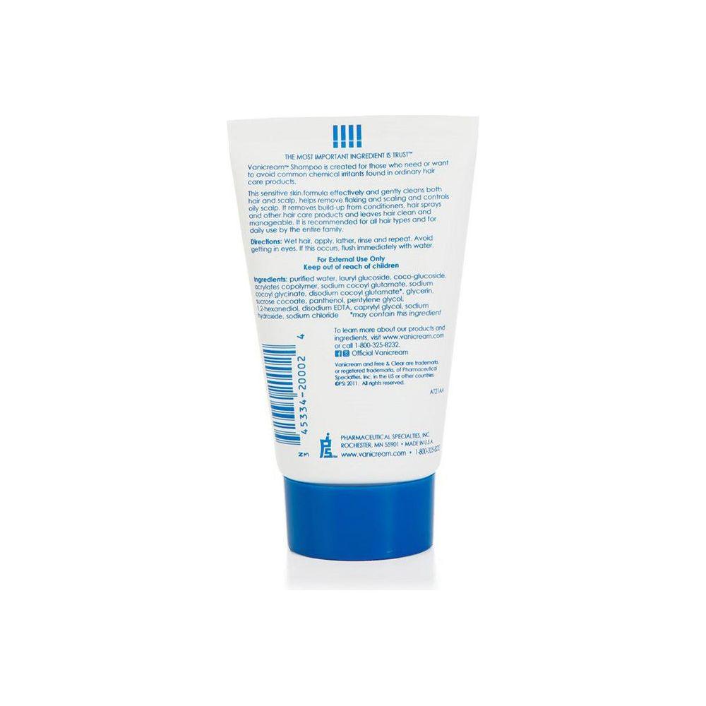 Vanicream shampoo in a 2 fl oz bottle, gentle hair and scalp cleanser, by Pasteur Pharmacy, with a clear label and white bottle.