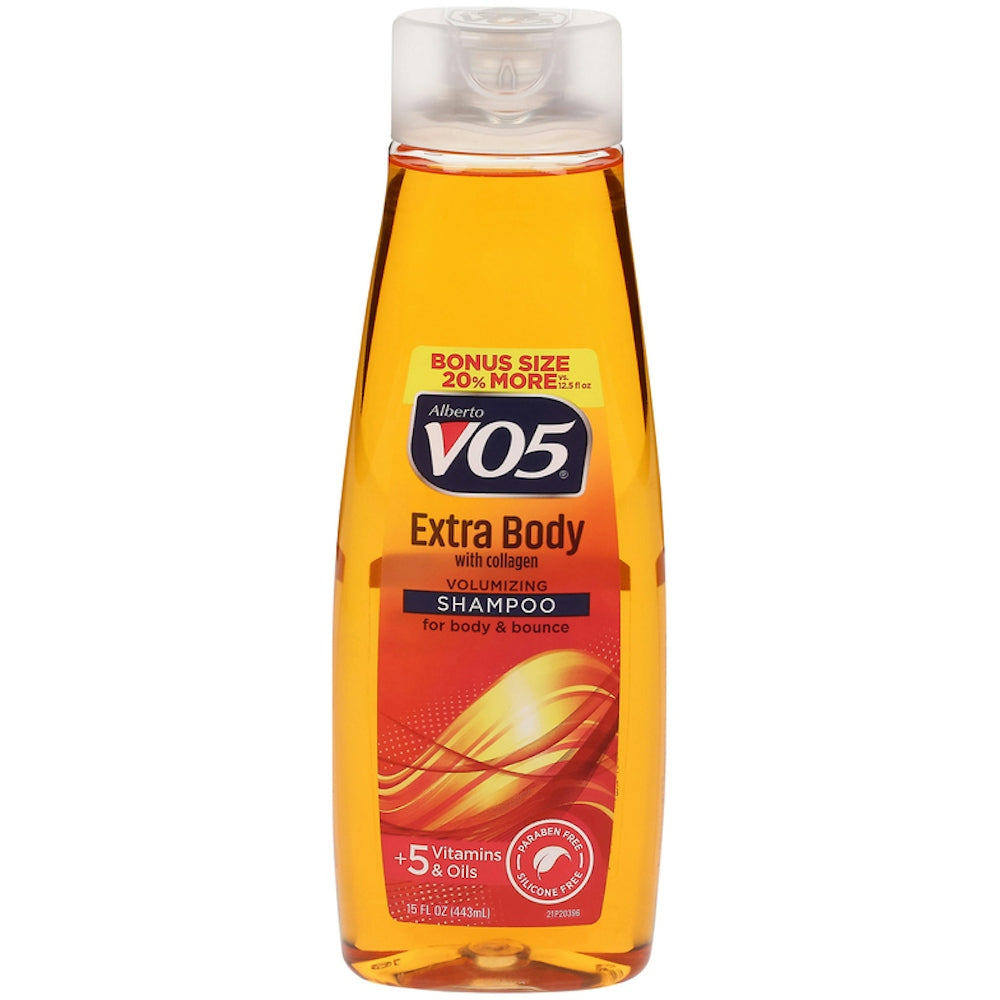 VO5 Extra Body Volumizing Shampoo with 5 Essential Vitamins in a 15 oz bottle, featuring a clear label and pump dispenser.