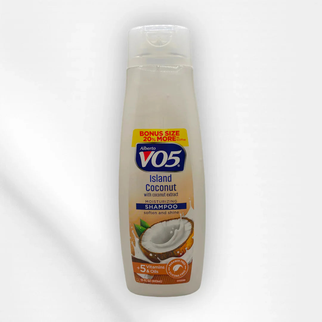 Vo5 Island Coconut Shampoo in 15 oz bottle, moisturizing hair care product with tropical coconut scent, by Pasteur Pharmacy.