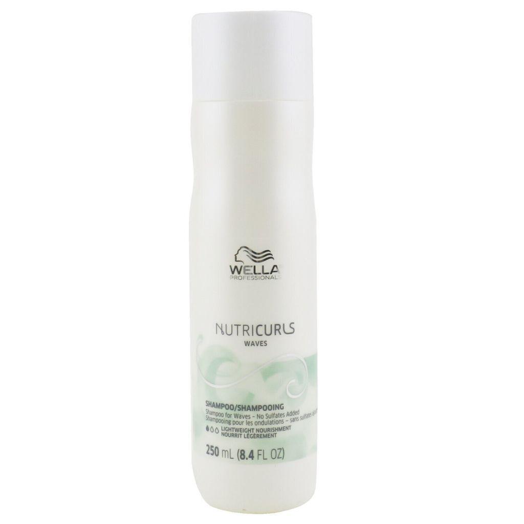 Wella Nutricurls Shampoo for Waves by Pasteur Pharmacy, creamy formula in a white bottle with purple accents, ideal for curly hair.
