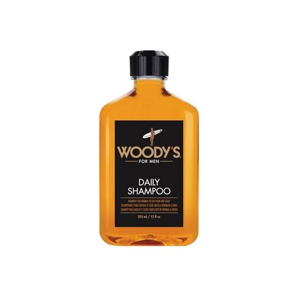 Woody's for Men daily shampoo in 12 fl oz bottle, designed for normal to oily hair, by Pasteur Pharmacy.
