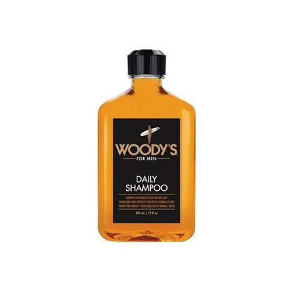Woody's for Men daily shampoo in 12 fl oz bottle, designed for normal to oily hair, by Pasteur Pharmacy.