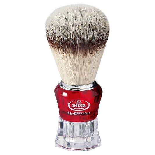 Omega Premium Hi-Brush synthetic fiber shave brush in red with a sturdy handle, designed for a smooth shaving experience.