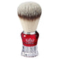 Omega Premium Hi-Brush synthetic fiber shave brush in red with a sturdy handle, designed for a smooth shaving experience.