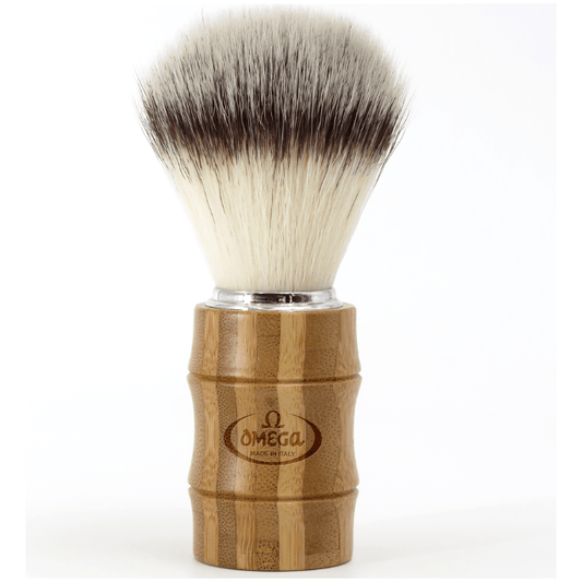Omega Premium Hi-Brush synthetic fiber shave brush with bamboo handle, designed for a comfortable shave.