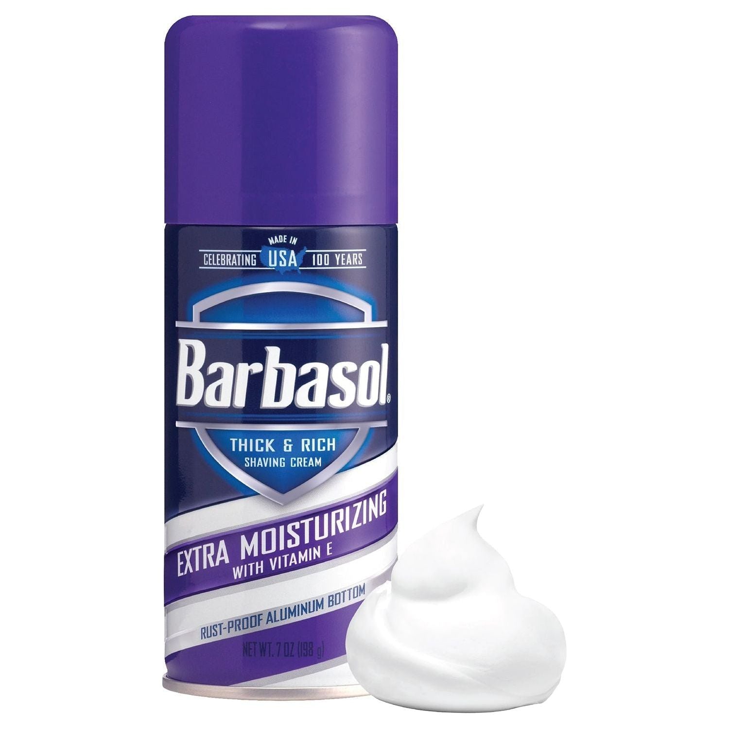 Barbasol Thick & Rich Shave Cream with Vitamin E, extra moisturizing formula in a 7 oz tube, for smooth shaving.