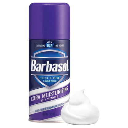 Barbasol Thick & Rich Shave Cream with Vitamin E, extra moisturizing formula in a 7 oz tube, for smooth shaving.