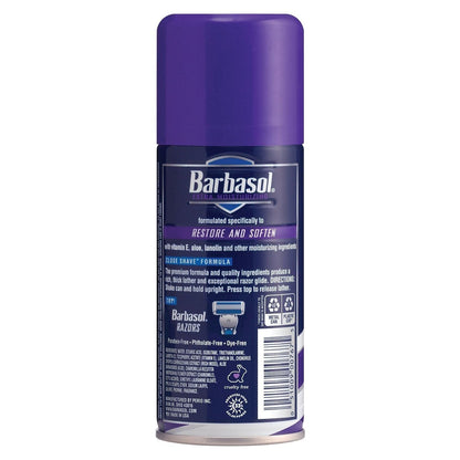 Barbasol Thick & Rich Shave Cream with Vitamin E in a 7 oz container, moisturizing and designed for a smooth shave.