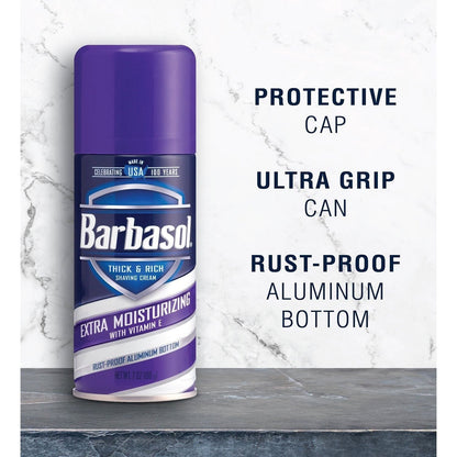 Barbasol Thick & Rich Shave Cream with Vitamin E in 7 oz, extra moisturizing formula for a smooth shave