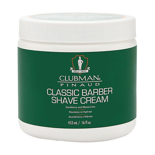 Clubman Pinaud Classic Barber Shave Cream in a 16 oz jar, smooth and creamy texture for a close shave, from Pasteur Pharmacy