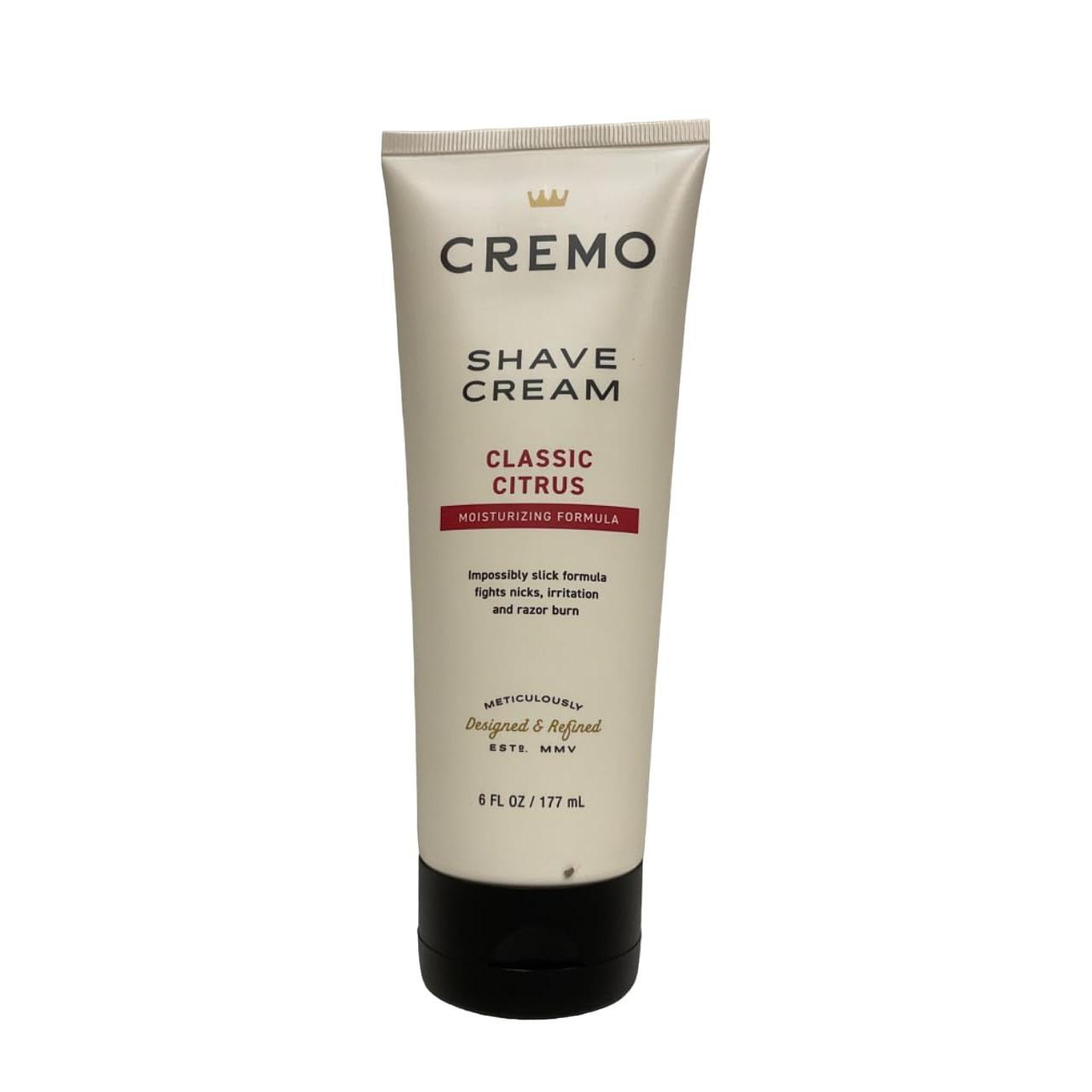 Cremo Classic Citrus Moisturizing Shave Cream in 6 oz tube, designed for a smooth, citrus-scented shave.