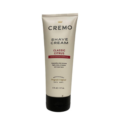 Cremo Classic Citrus Moisturizing Shave Cream in 6 oz tube, designed for a smooth, citrus-scented shave.