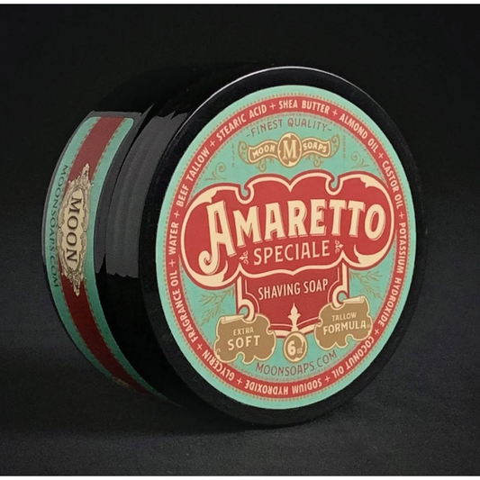Moon Soaps Amaretto Speciale Shaving Soap in a 6 oz jar, featuring creamy texture and elegant packaging from Pasteur Pharmacy.