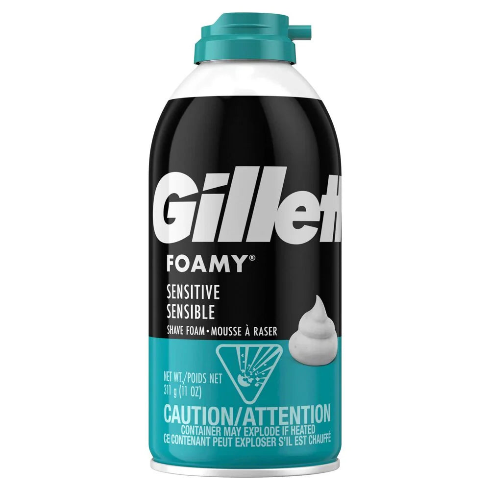 Gillette Foamy Sensitive Skin Shave Foam in an 11 oz can, gentle formula for sensitive skin, produced by Pasteur Pharmacy.
