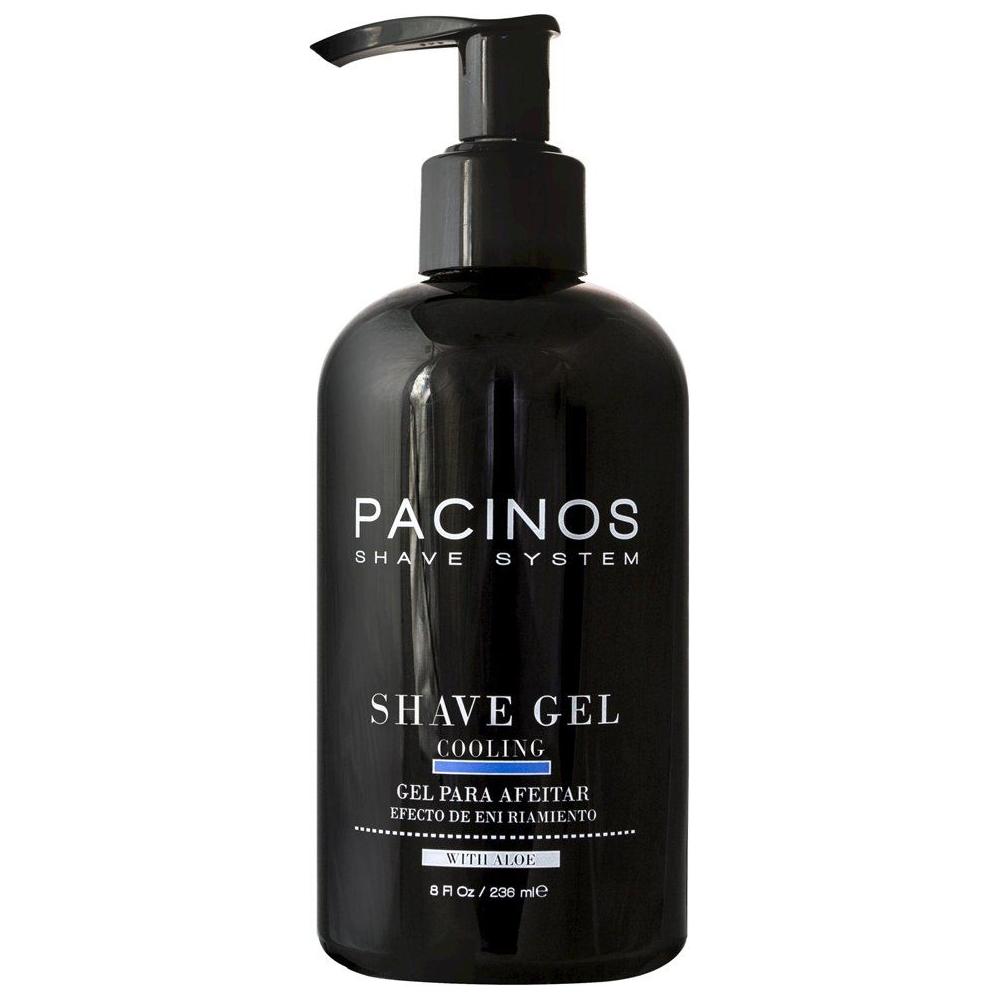Pacinos Shave System Cooling Shave Gel in an 8 oz tube, designed for a smooth, refreshing shave with cooling effects.