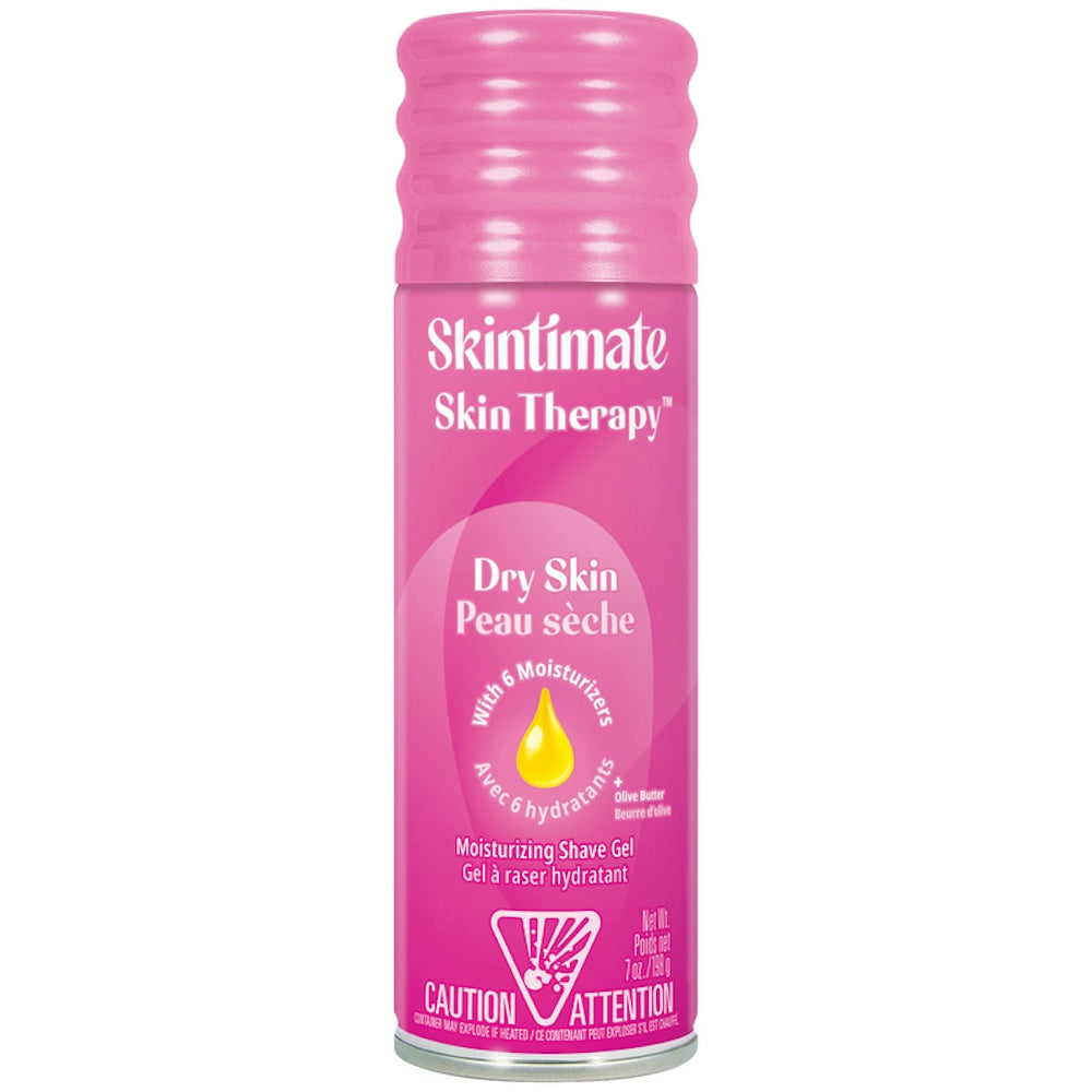 Skintimate Skin Therapy Dry Moisturizing Shave Gel in 7 oz tube, designed for dry skin, with a white and blue label.