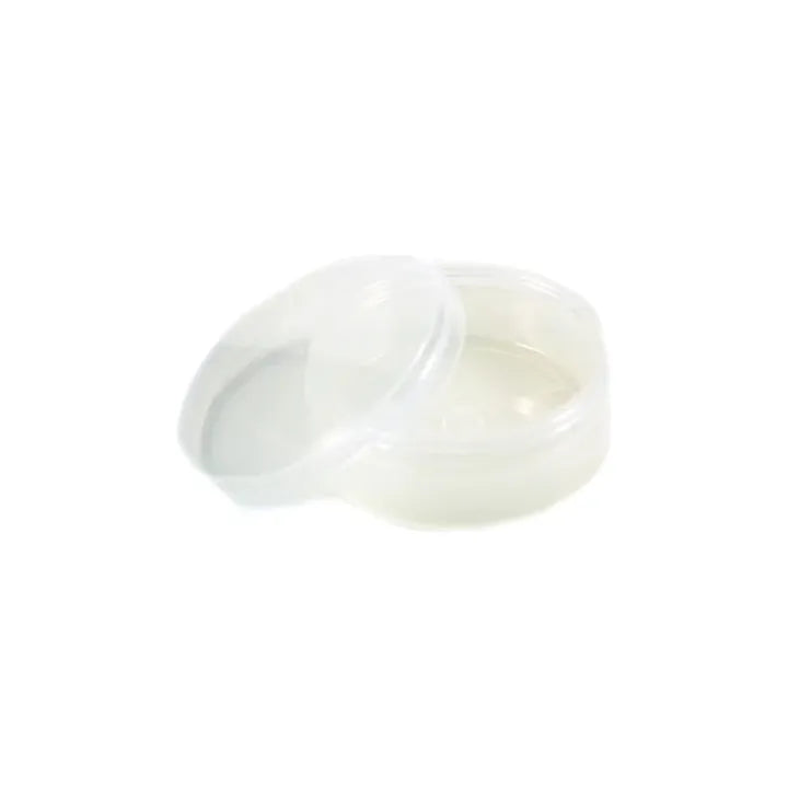 Pasteur Pharmacy Stirling Soap Co. clear thick wall shave jar, 4oz, with a sleek glass design and black lid for shaving soap storage.