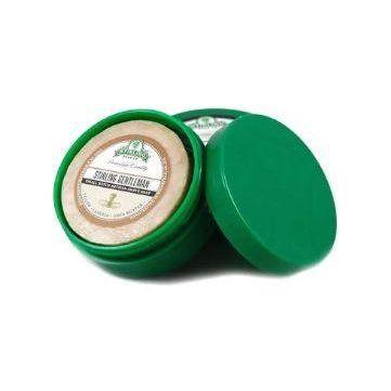 Green Stirling Soap Co. Thick Wall Shave Jar, 4oz, with a round glass container and metal lid for shaving soap storage.