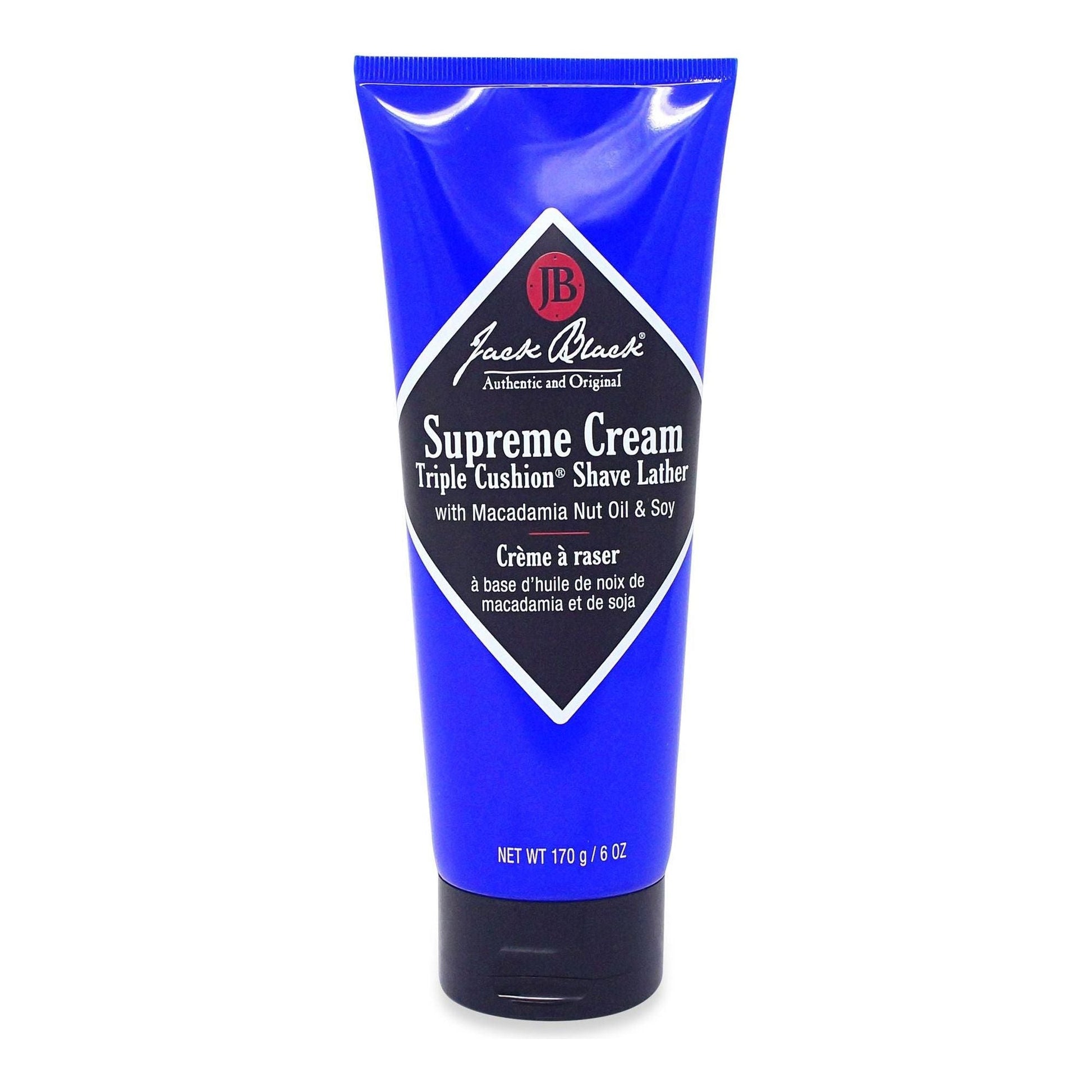Jack Black Supreme Cream Triple Cushion Shave Lather in 6oz/170g jar, creamy shave lather with a smooth, rich texture.