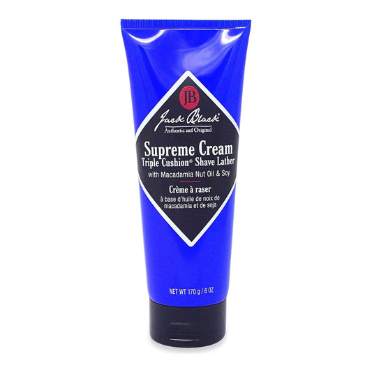 Jack Black Supreme Cream Triple Cushion Shave Lather in 6oz/170g jar, creamy shave lather with a smooth, rich texture.