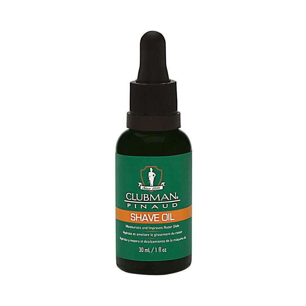 Clubman Pinaud Shave Oil 1 Oz, clear bottle showing the product label, designed for smooth shaving and skin protection.