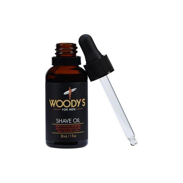 Pasteur Pharmacy Woody's For Men Shave Oil 1 fl oz bottle with clear label and dropper for smooth shaving