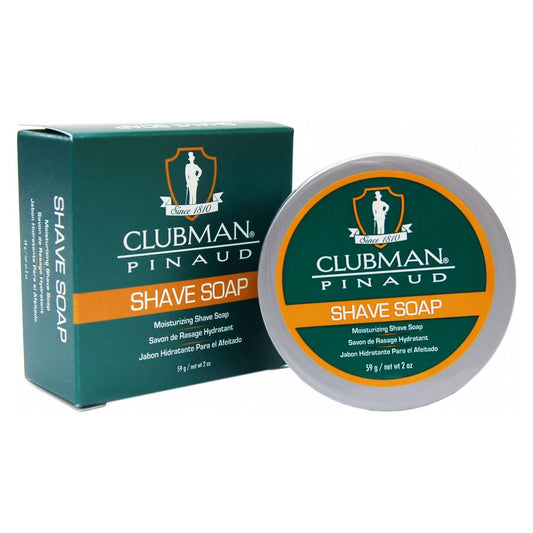 Clubman Pinaud shave soap in a 2 oz container, natural lather, ideal for a smooth shave, by Pasteur Pharmacy.