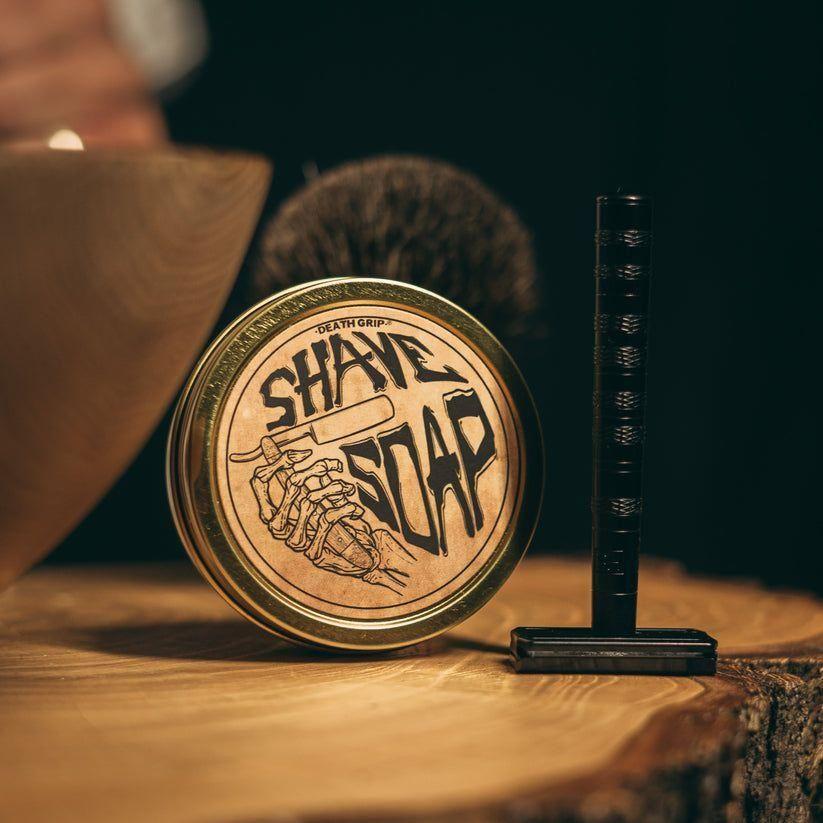 Pasteur Pharmacy Death Grip Shave Soap in a 4 oz container, featuring a classic shave soap block with rich lather.