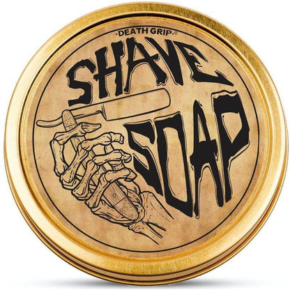 Pasteur Pharmacy Death Grip Shave Soap 4 oz in a round container with a black lid and classic label design.