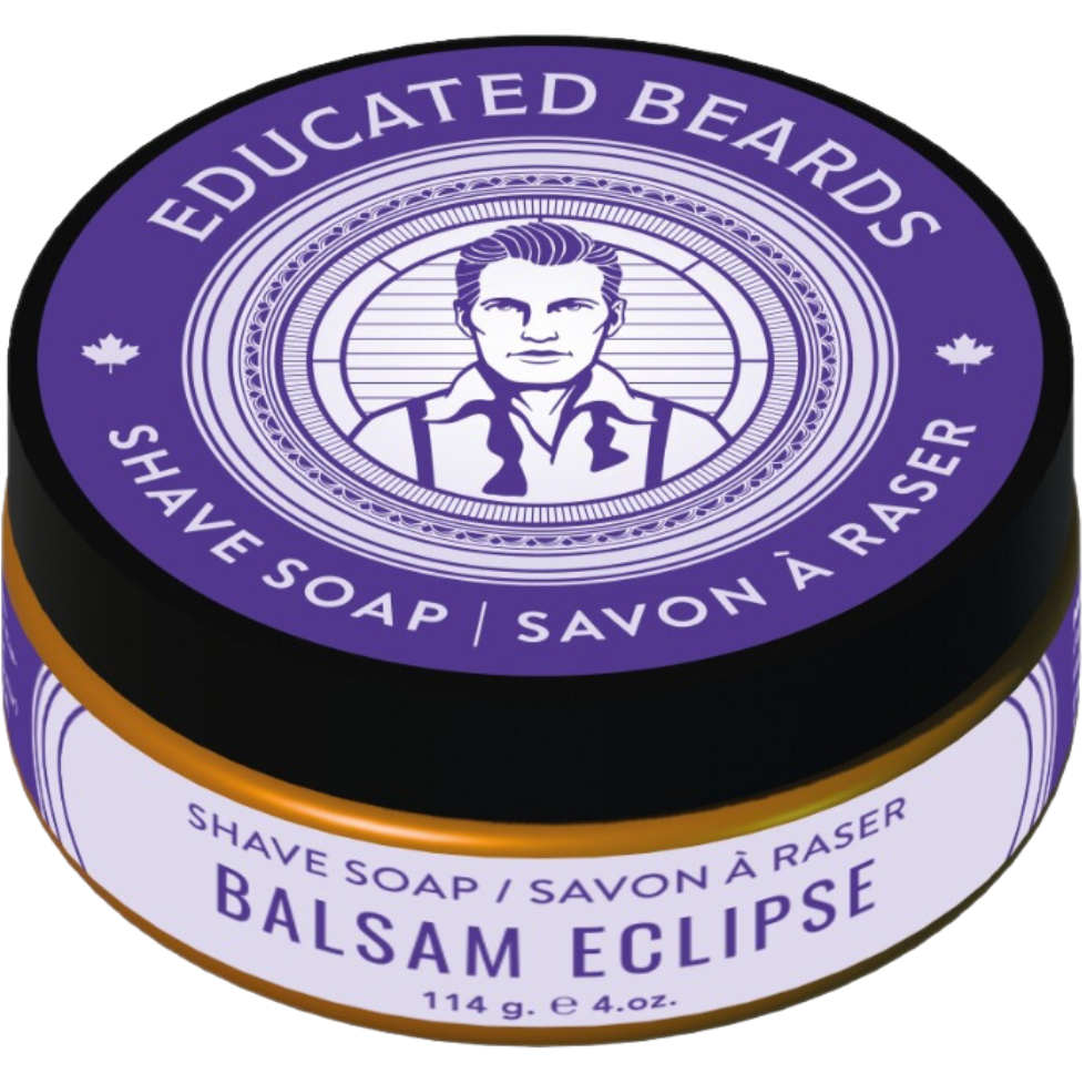 Educated Beards Balsam Eclipse Shave Soap in 4 oz container, natural beard care product by Pasteur Pharmacy, creamy and rich lather